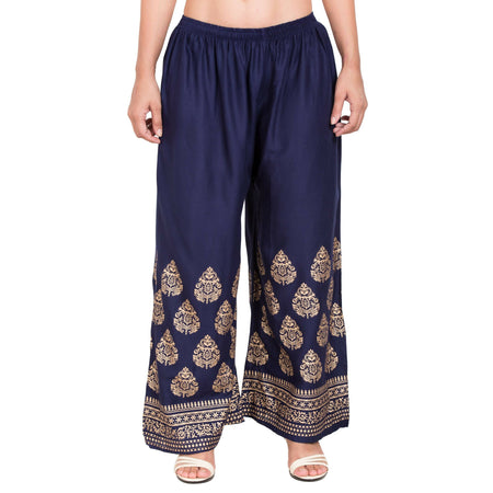 PAVONINE Navy Blue Color Golden Printed Rayon Fabric Sharara For Women & Girls