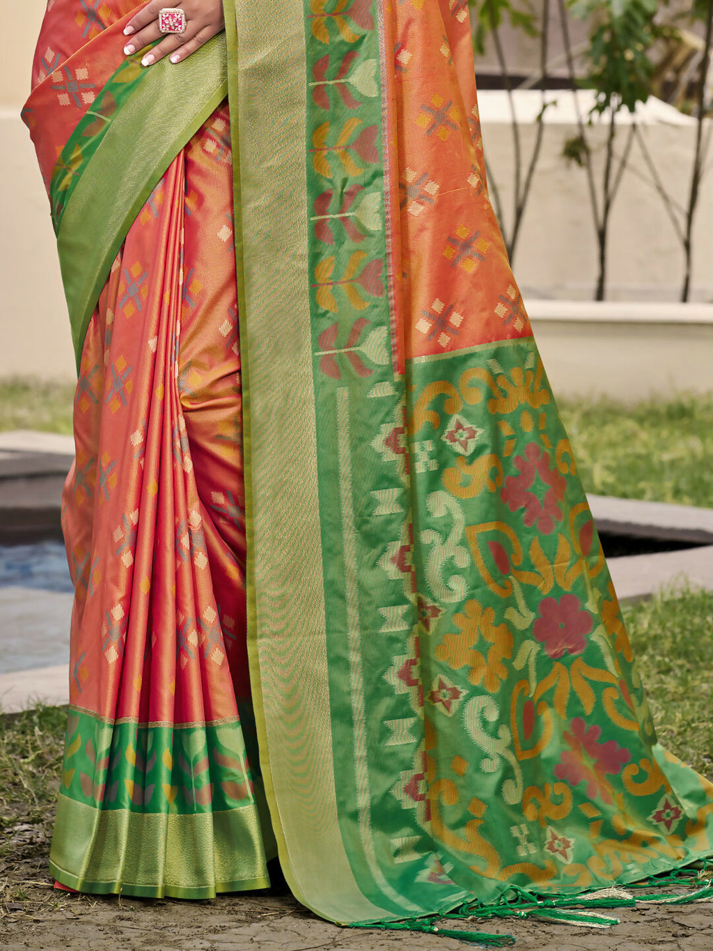 Shree Shyam Fashion Pochampalli Silk Orange Saree - Distacart