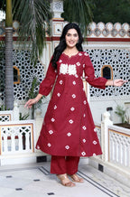 Miravan Women's Red Bandhani Printed Moti And Chikan Embroidered & Lace Work A Line Palazzo Set