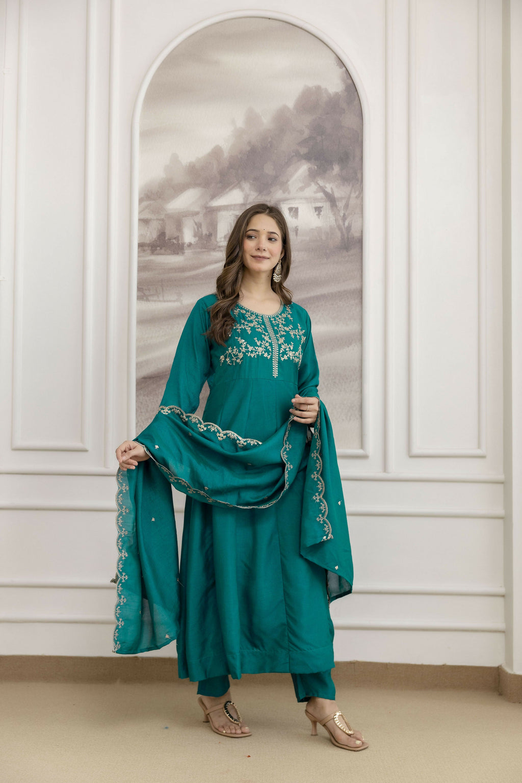 The52 Rama Women's Beautiful Vichitra Silk Fabric Embroidered Work Flared Anarkali Pant and Dupatta Set - Distacart