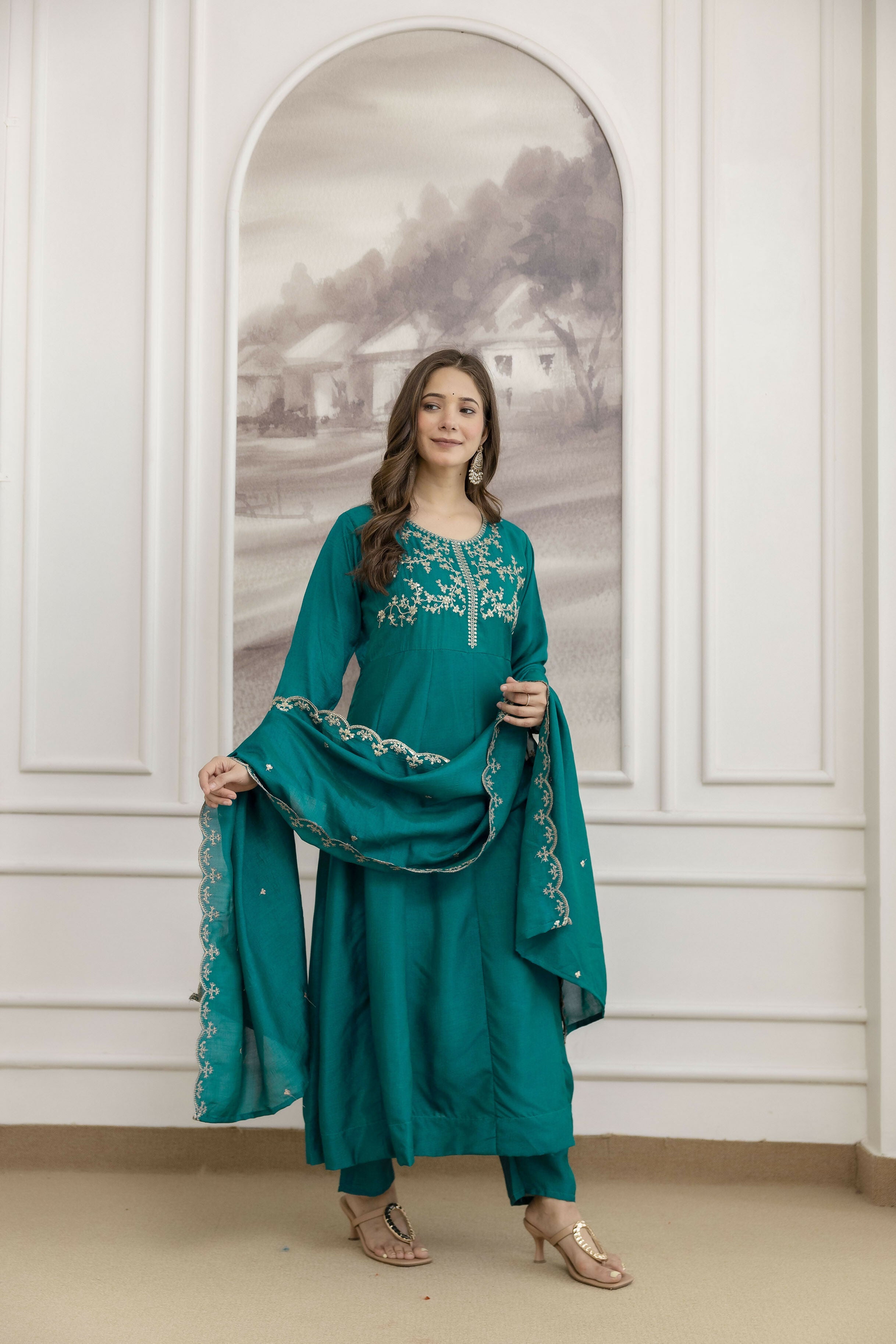 The52 Rama Women's Beautiful Vichitra Silk Fabric Embroidered Work Flared Anarkali Pant and Dupatta Set - Distacart