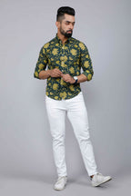 Miravan Men's Cotton Printed Full Sleeve Slim Fit Spread Neck Green Shirt