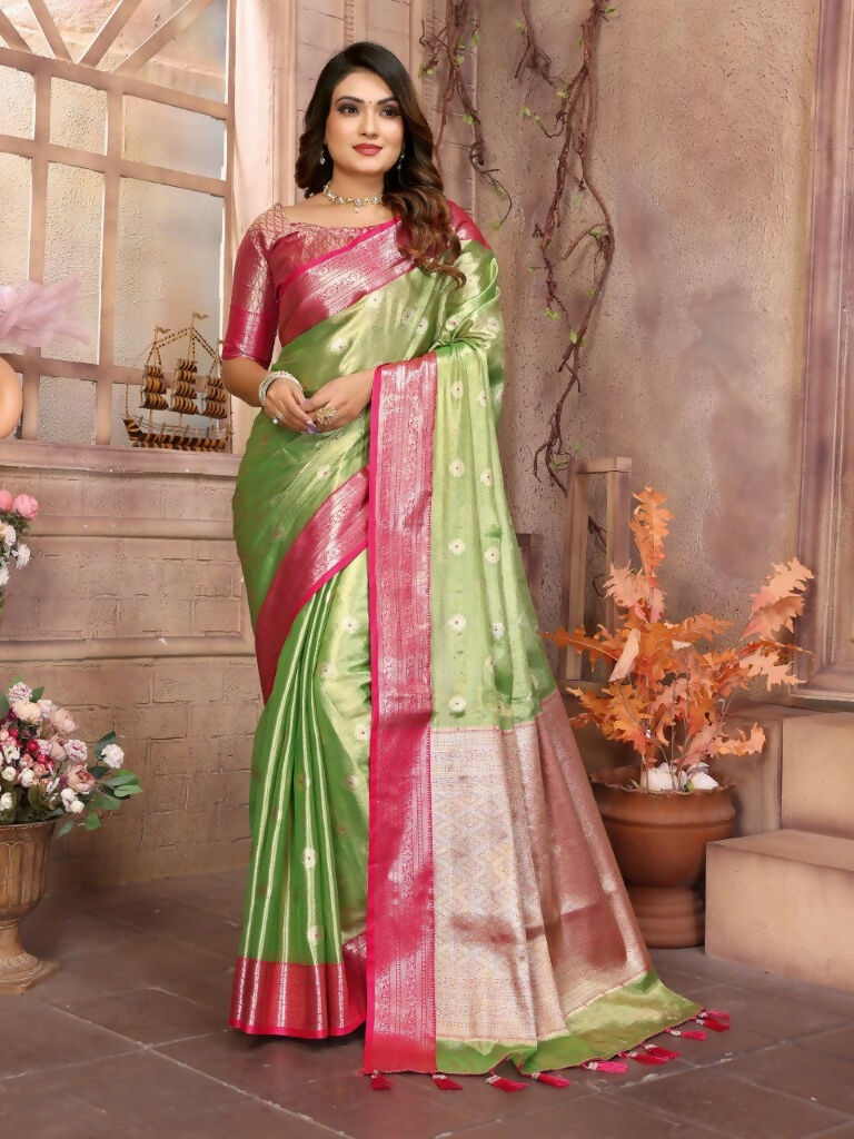 Anaita Light Green Tissue Silk With Zari Weaving Saree With Blouse