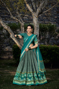Vastranavya Floral Print With Foil Print Tussar Silk Lehenga With Unstitched Blouse - Sea Green