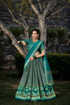 Vastranavya Floral Print With Foil Print Tussar Silk Lehenga With Unstitched Blouse - Sea Green