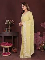 PR Fashion Yellow Georgette Embroidery Work With Embroidery Work Blouse Saree