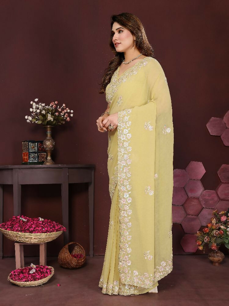 PR Fashion Yellow Georgette Embroidery Work With Embroidery Work Blouse Saree