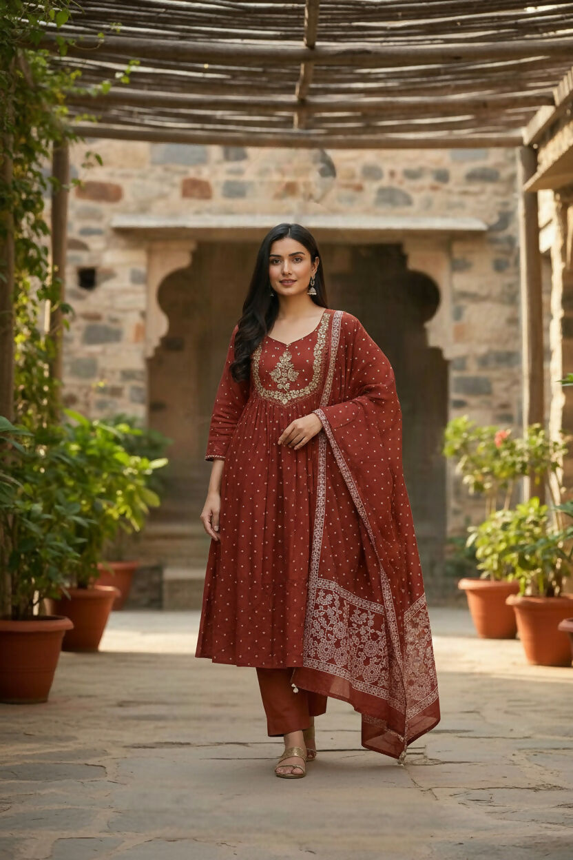 The52 Women's Beautiful Cotton Fabric Embroidery Work Flared Anarkali Pant and Dupatta Set - Distacart