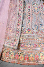 Blue & Pink Velvet Hand Work Semi Stitched Lehenga Choli with Dupatta - Nimaya Lagnotsav