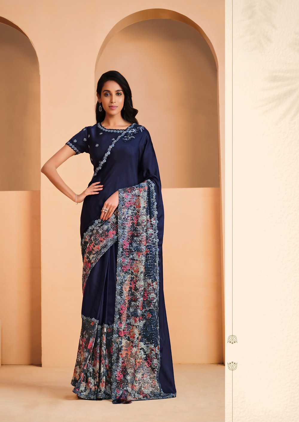 Navy Blue Satin Crepe Silk Embroidery with Digital Sequence Work Saree - Norita Helly