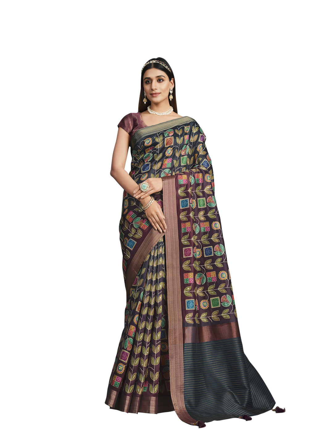 Black & Maroon Tusser Silk Floral Printed With Sequence Embroidered Saree With Unstitched Blouse - Mohmanthan Aahana
