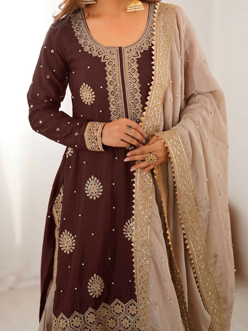 Lehenga Mart Designer Sharara Suit With Kurta, Sharara, Dupatta For Women-Brown - Distacart