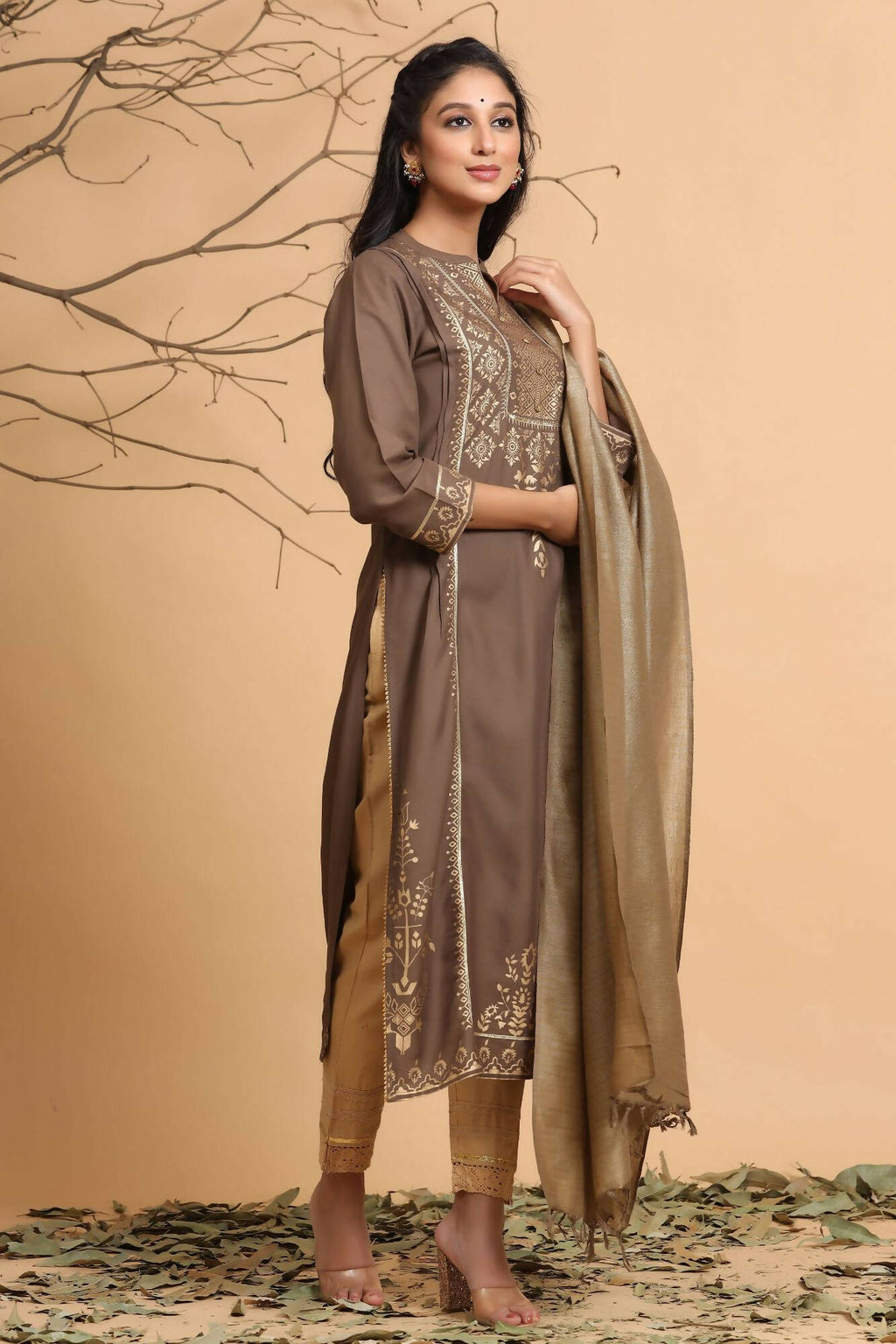Juniper Women's Brown Rayon Printed Straight Kurta Set - Distacart
