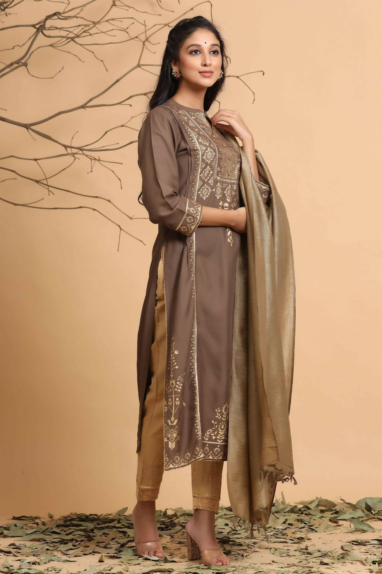 Juniper Women's Brown Rayon Printed Straight Kurta Set - Distacart