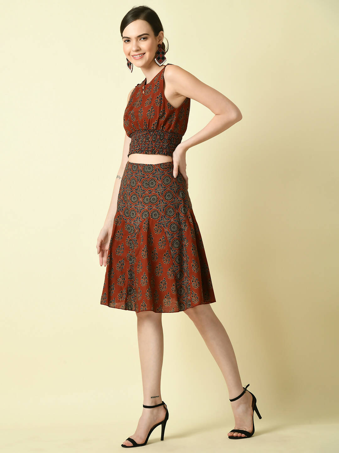 Myshka Women's Rust Ethnic Motifs Printed Top