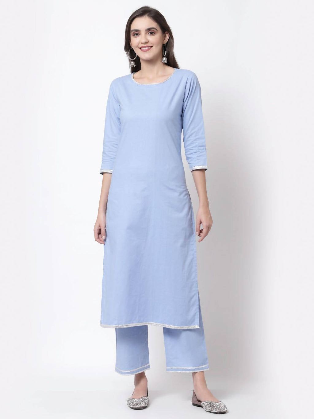 Myshka Blue Cotton 3/4 Sleeve Round Neck Solid Casual Kurta Pant Dupatta Set