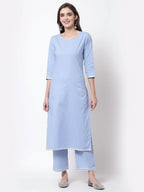 Myshka Blue Cotton 3/4 Sleeve Round Neck Solid Casual Kurta Pant Dupatta Set