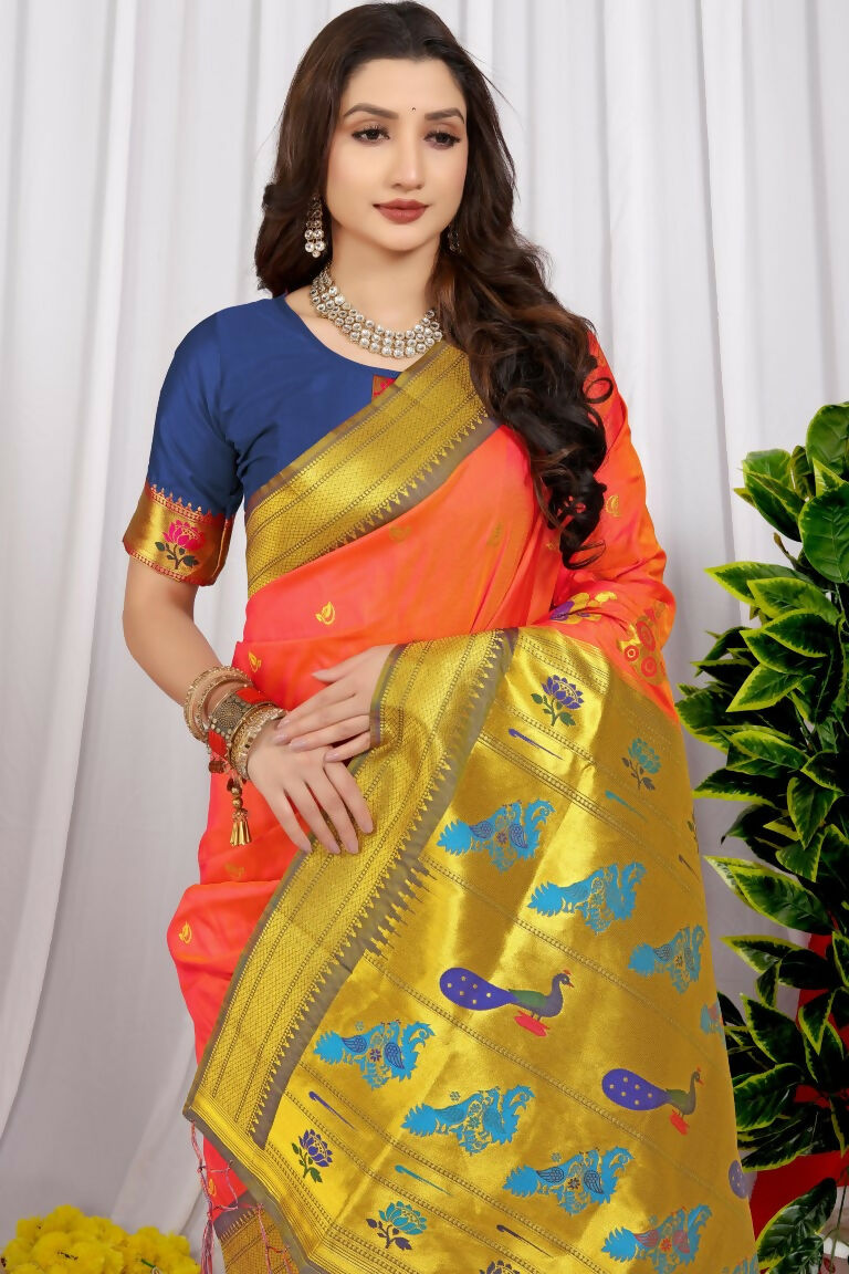 Jyoti Fashion Women's Orange Paithani Silk Zari Woven Saree with Blouse