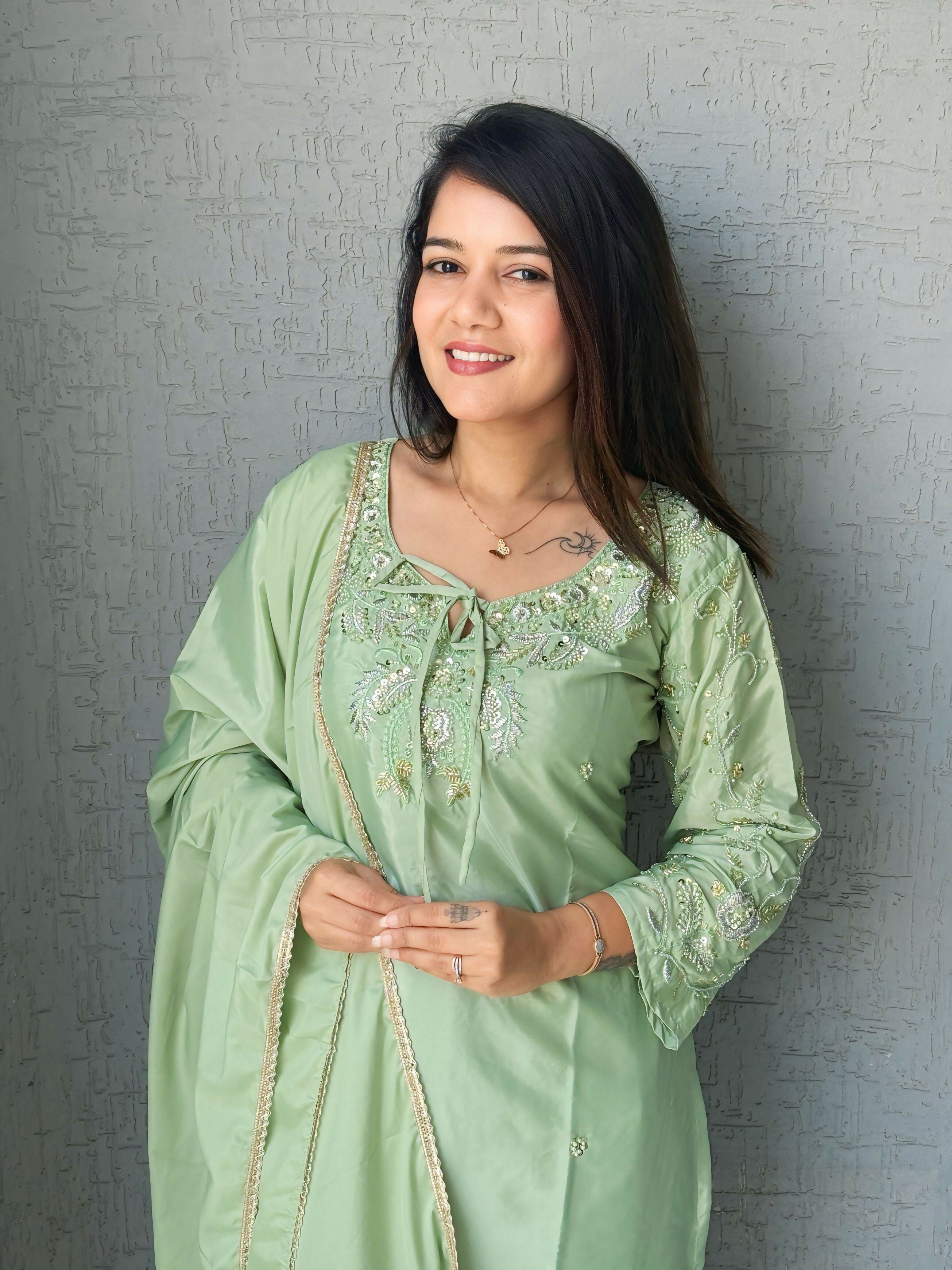 Anaita Green Crape Readymade Kurti Set with Beads Sequence Work - Distacart
