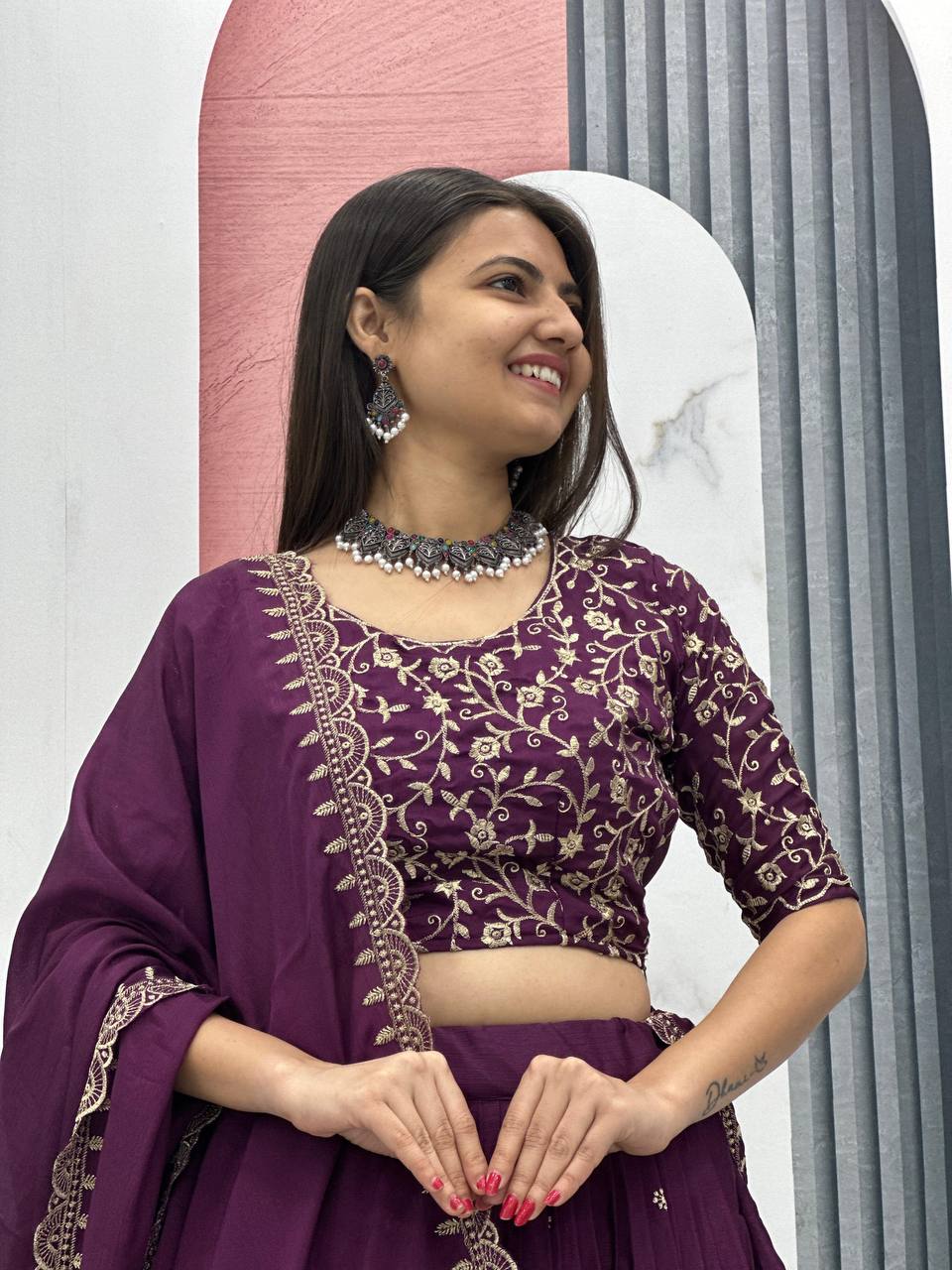 Teeya Creation Wine Color Chinon Silk Embroidery Work Fully Stitched Lehenga Choli