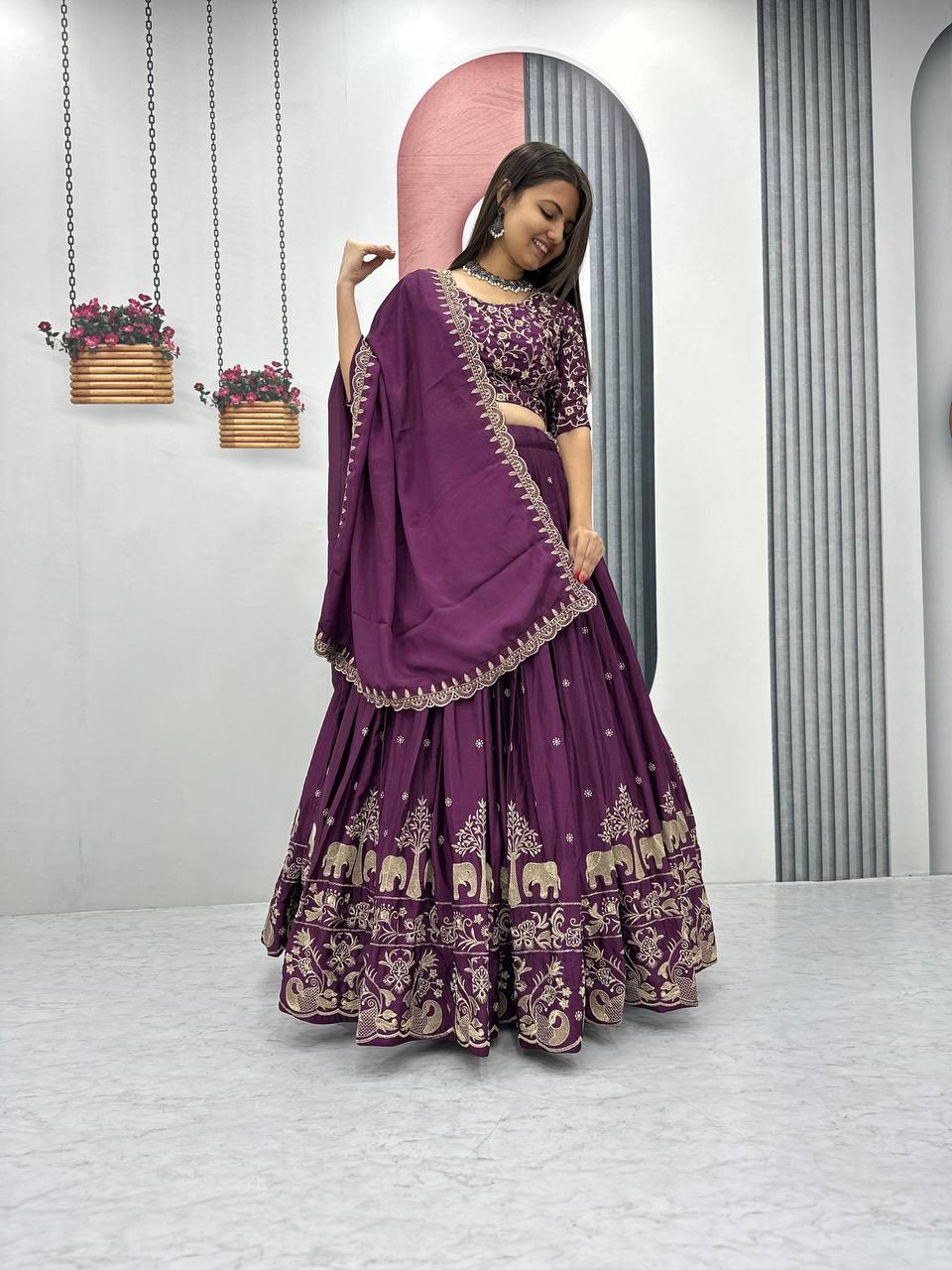 Teeya Creation Wine Color Chinon Silk Embroidery Work Fully Stitched Lehenga Choli