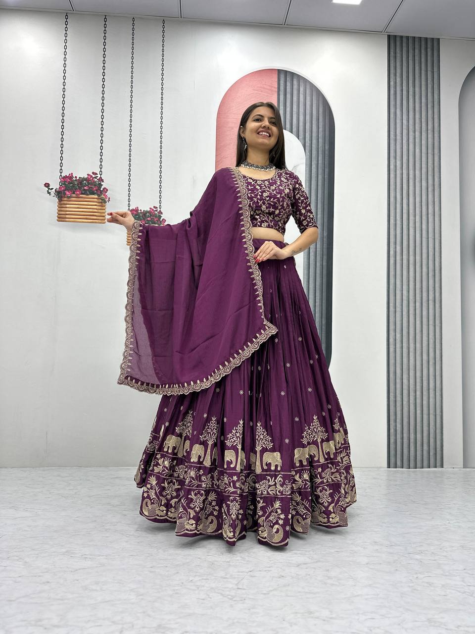 Teeya Creation Wine Color Chinon Silk Embroidery Work Fully Stitched Lehenga Choli