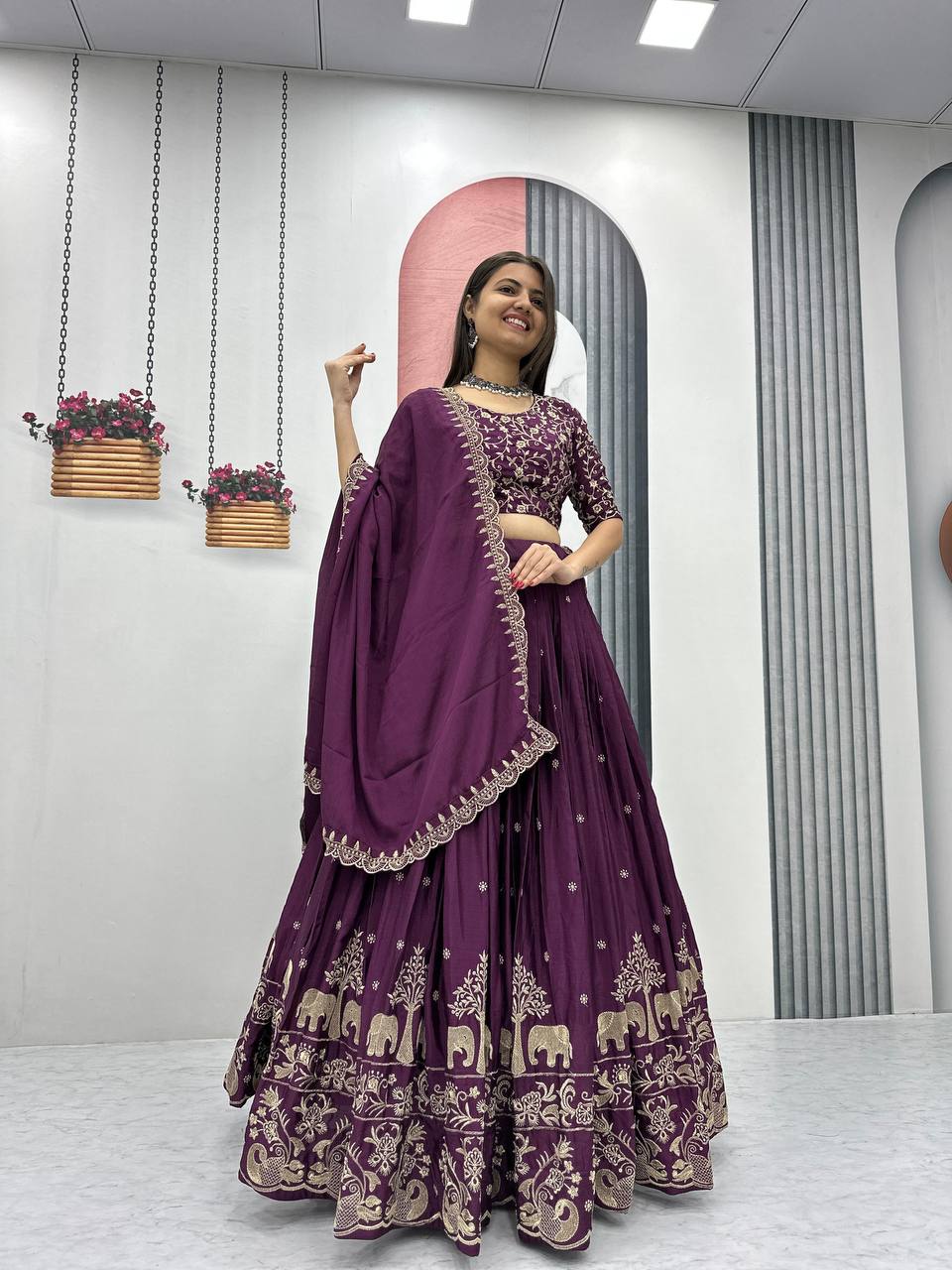 Teeya Creation Wine Color Chinon Silk Embroidery Work Fully Stitched Lehenga Choli
