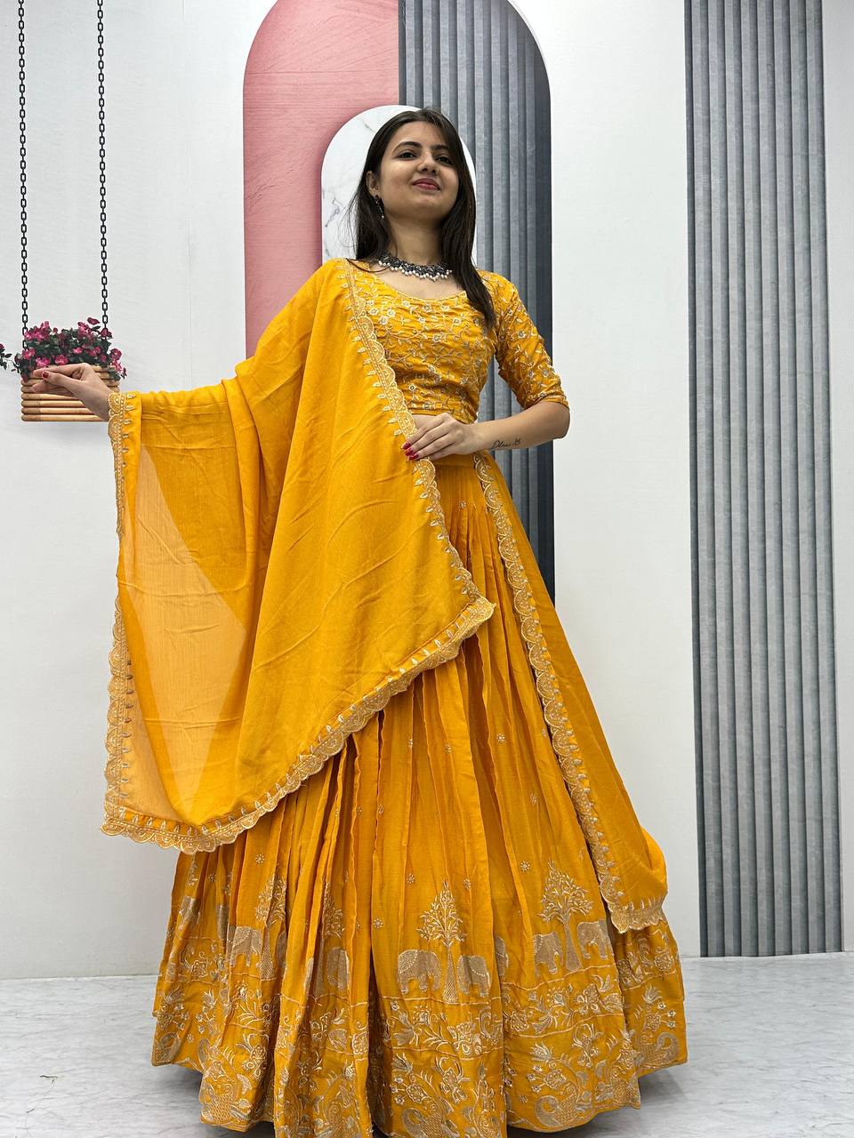 Teeya Creation Yellow Color Chinon Silk Embroidery Work Fully Stitched Lehenga Choli