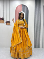 Teeya Creation Yellow Color Chinon Silk Embroidery Work Fully Stitched Lehenga Choli