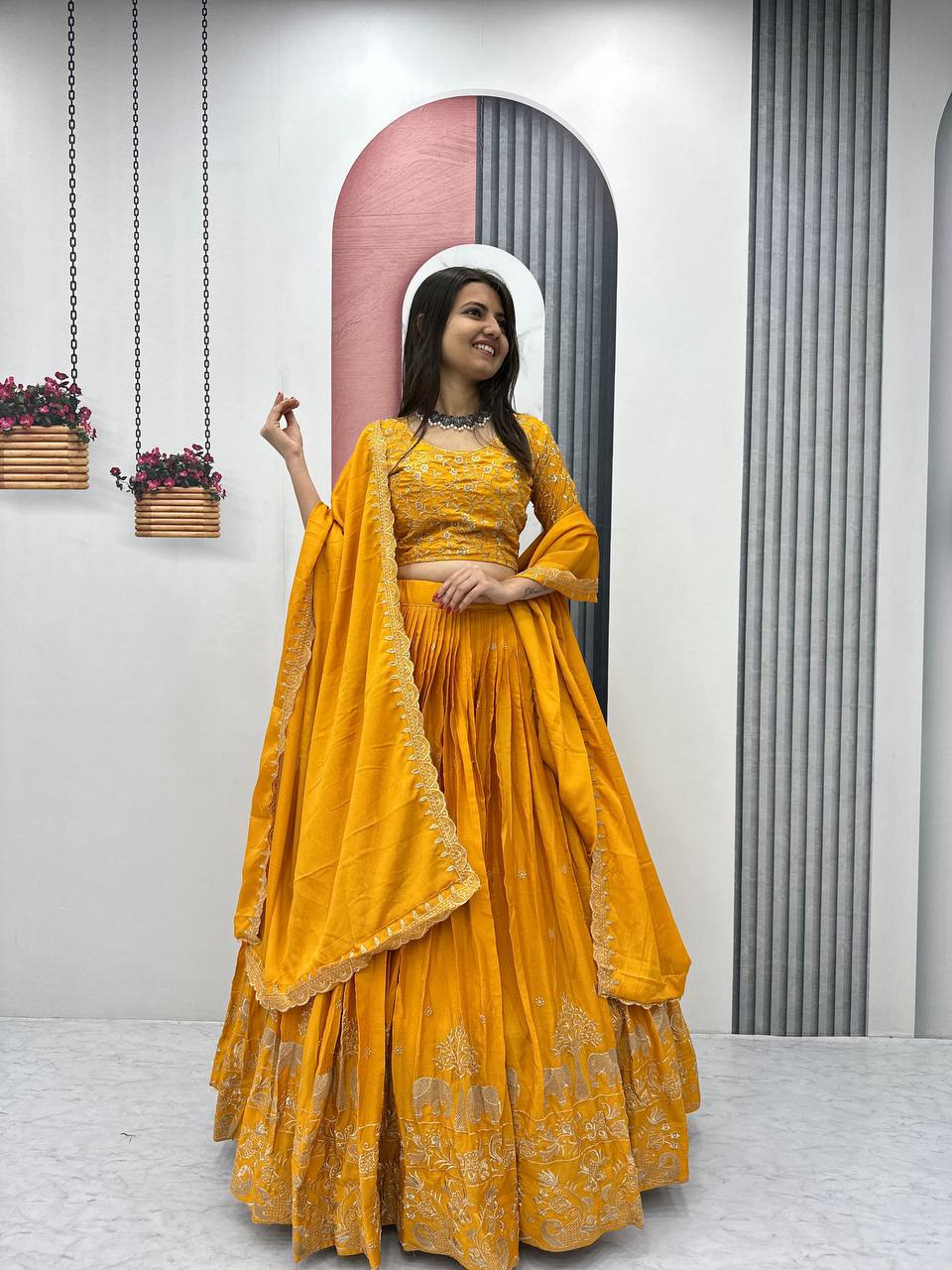 Teeya Creation Yellow Color Chinon Silk Embroidery Work Fully Stitched Lehenga Choli