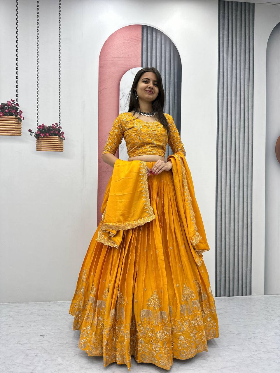 Teeya Creation Yellow Color Chinon Silk Embroidery Work Fully Stitched Lehenga Choli
