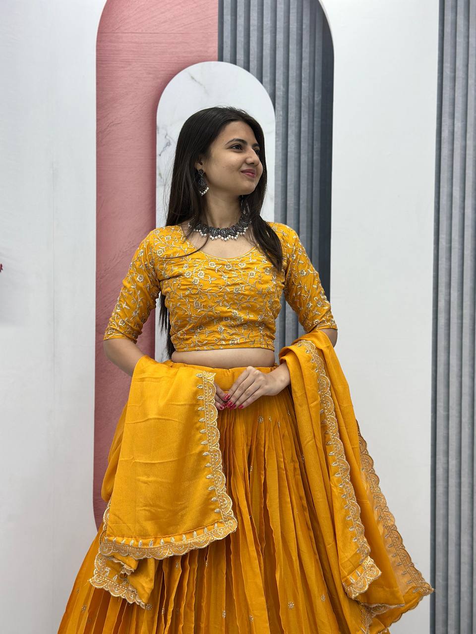 Teeya Creation Yellow Color Chinon Silk Embroidery Work Fully Stitched Lehenga Choli