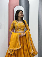 Teeya Creation Yellow Color Chinon Silk Embroidery Work Fully Stitched Lehenga Choli