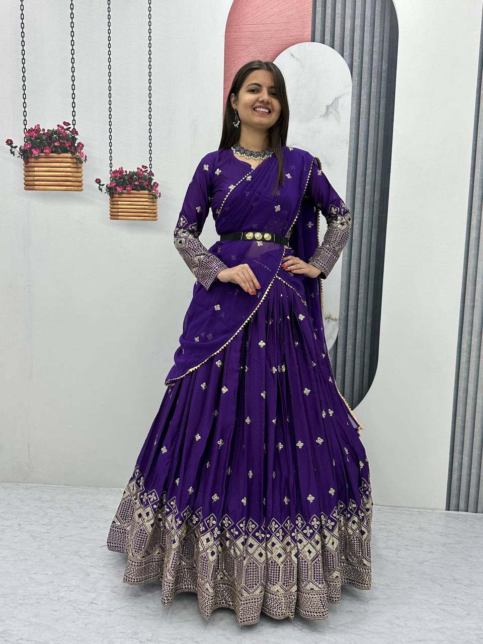 Teeya Creation Purple Color Chinon Silk Embroidery Work Fully Stitched Lehenga Choli