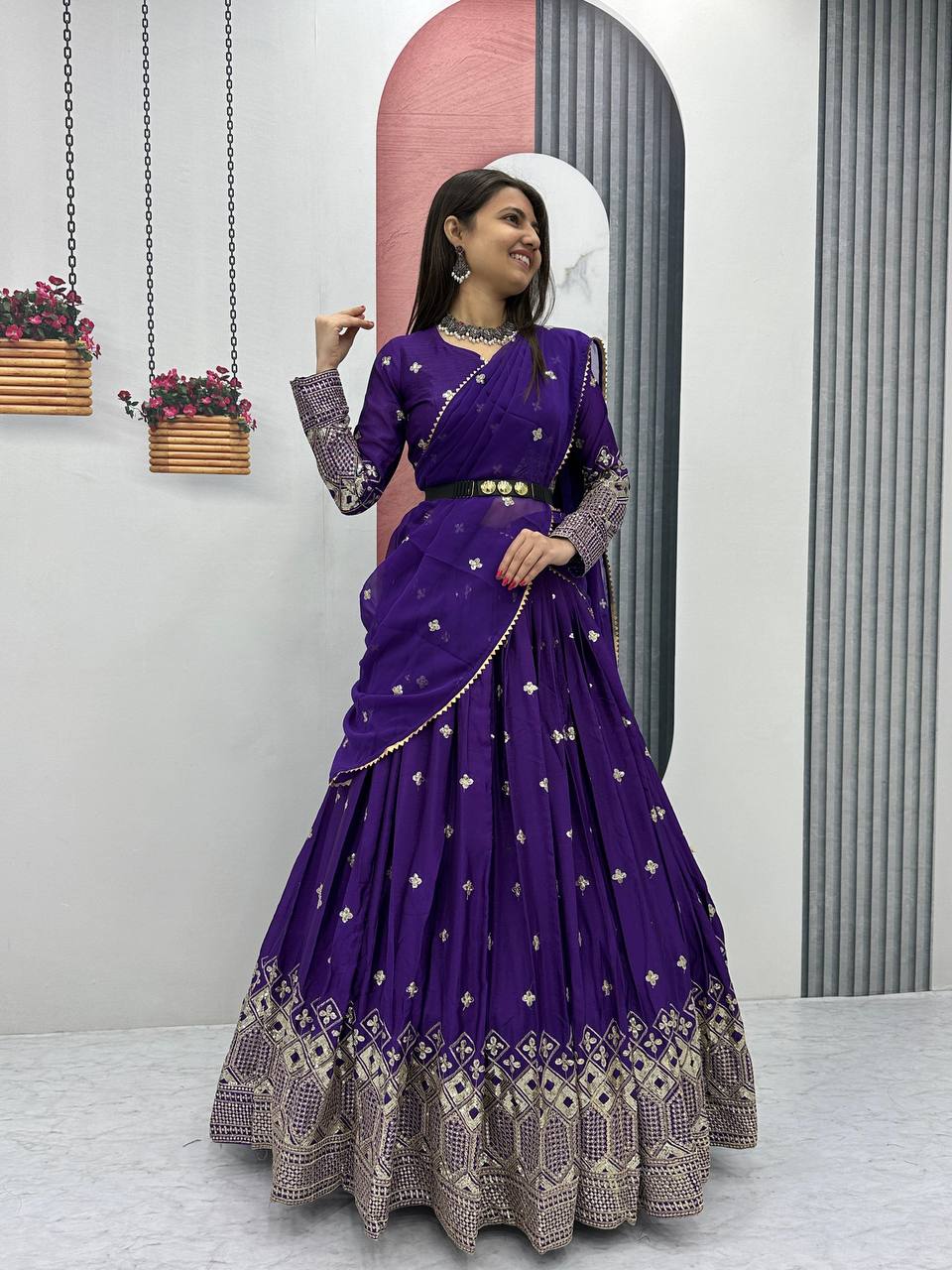 Teeya Creation Purple Color Chinon Silk Embroidery Work Fully Stitched Lehenga Choli