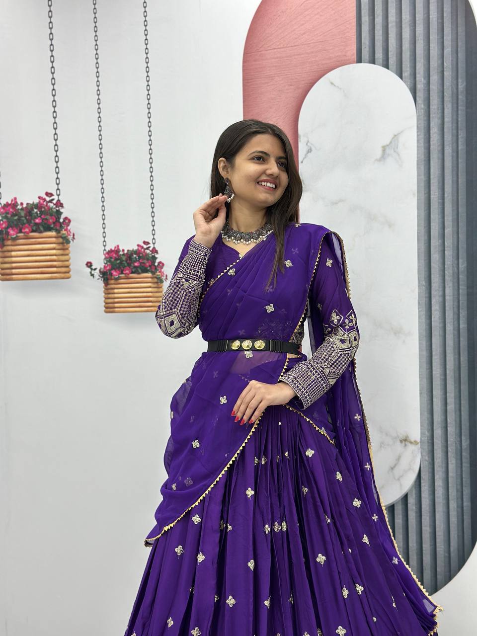 Teeya Creation Purple Color Chinon Silk Embroidery Work Fully Stitched Lehenga Choli