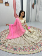 Teeya Creation Cream Color Banarasi Silk Heavy Embroidery Work Fully Stitched Lehenga Choli