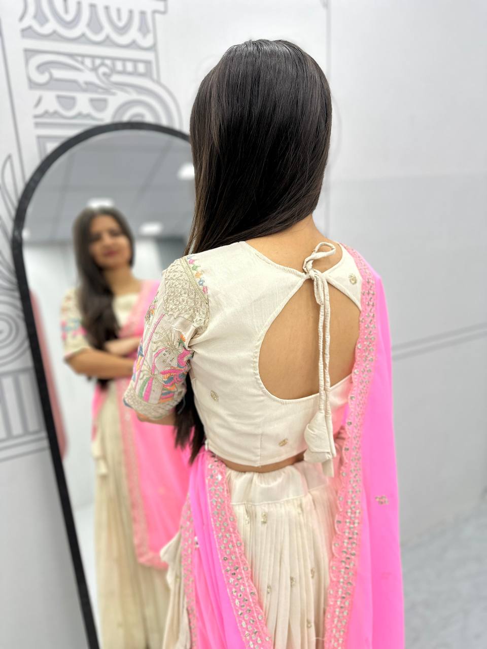 Teeya Creation Cream Color Banarasi Silk Heavy Embroidery Work Fully Stitched Lehenga Choli