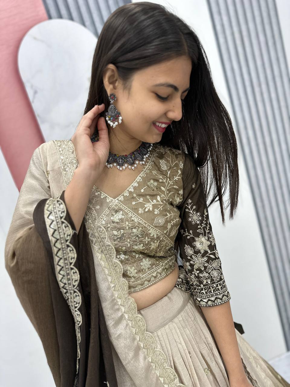 Teeya Creation Multi Color Chinon Silk Heavy Embroidery Work Fully Stitched Lehenga Choli
