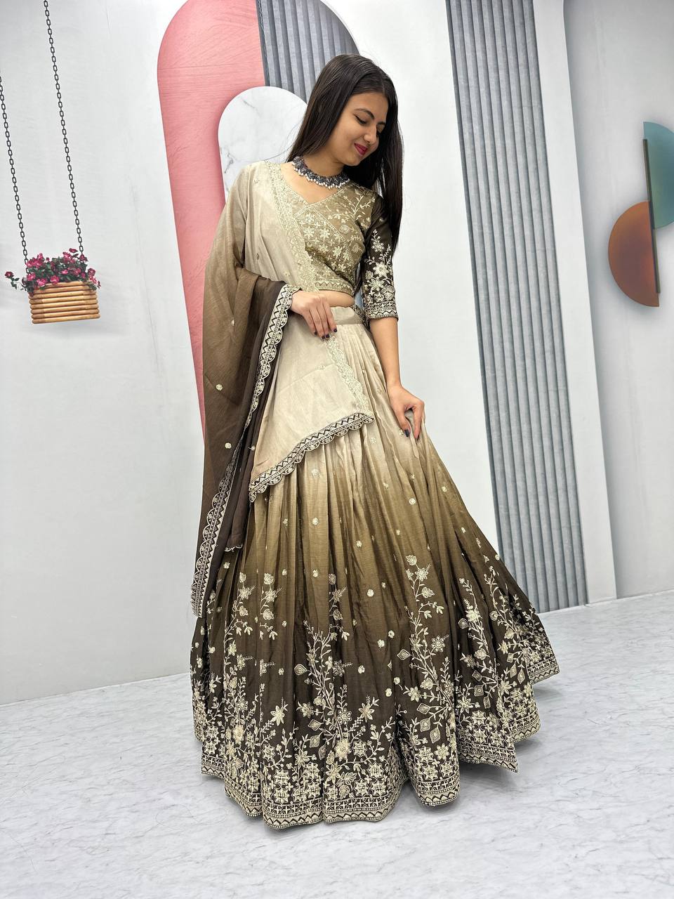 Teeya Creation Multi Color Chinon Silk Heavy Embroidery Work Fully Stitched Lehenga Choli