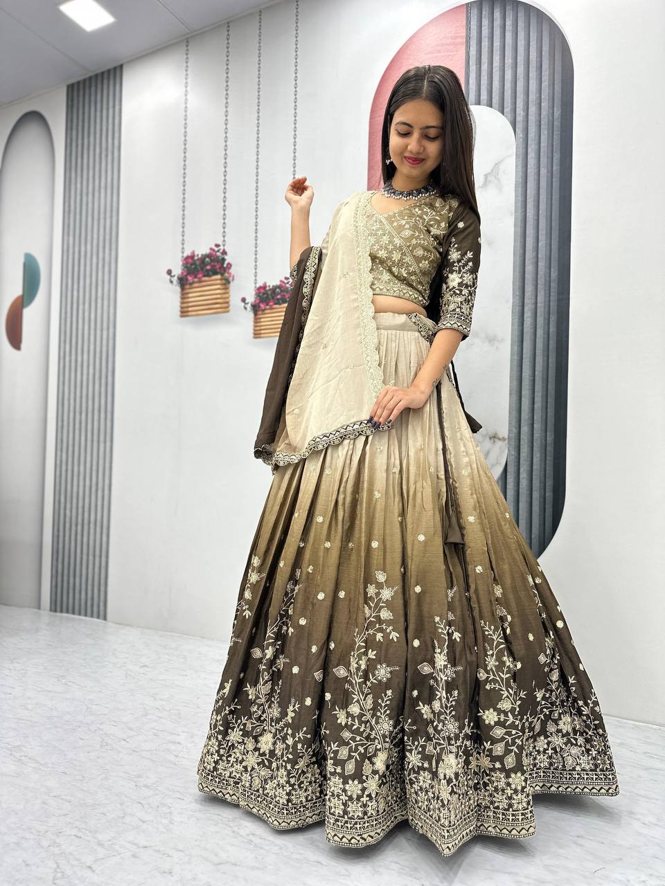Teeya Creation Multi Color Chinon Silk Heavy Embroidery Work Fully Stitched Lehenga Choli