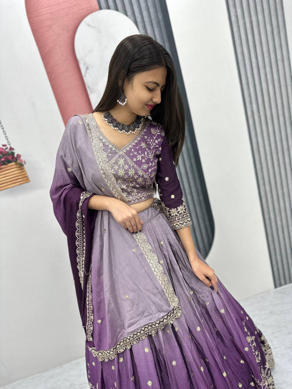 Teeya Creation Multi Color Chinon Silk Heavy Embroidery Work Fully Stitched Lehenga Choli