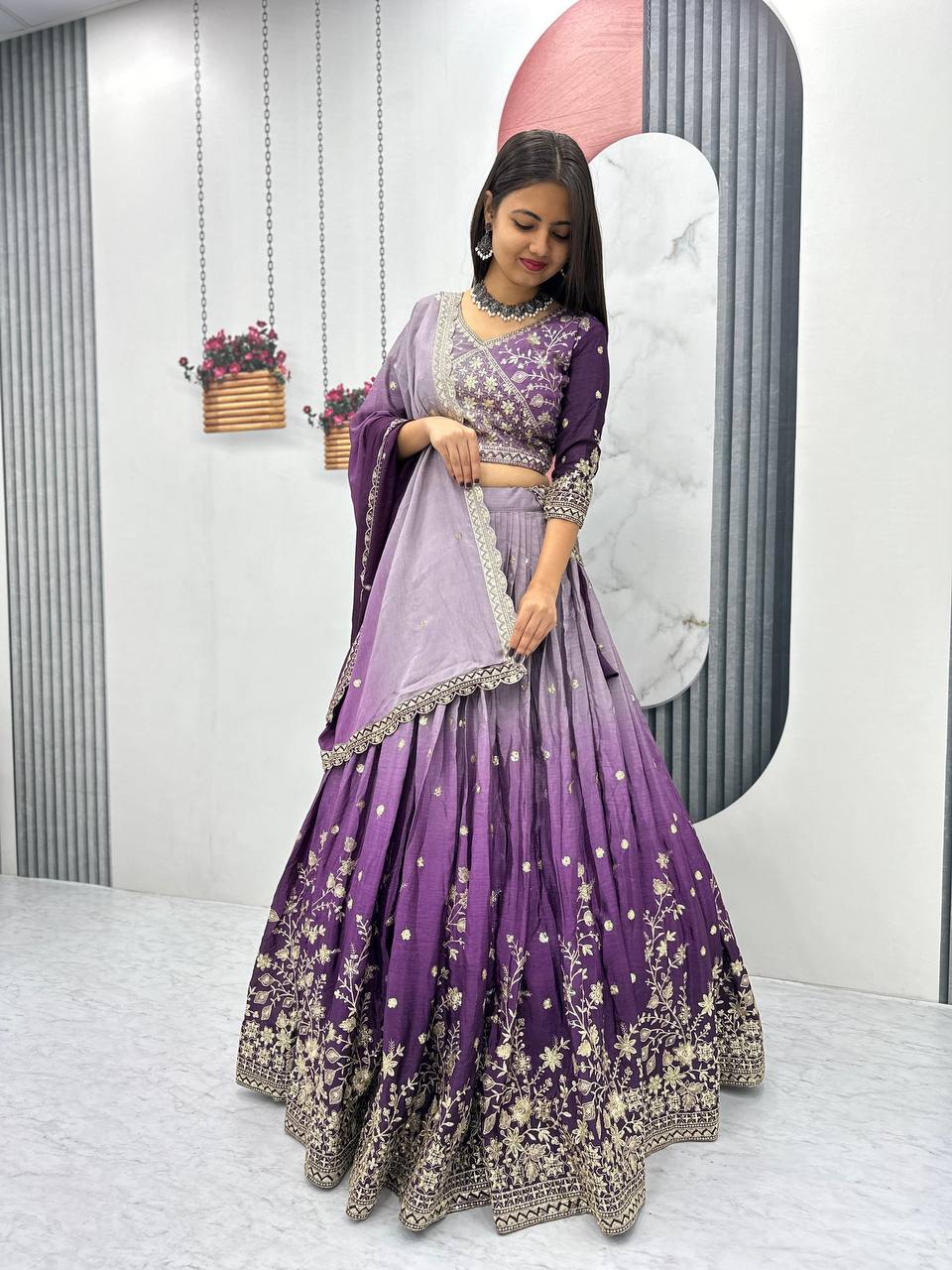 Teeya Creation Multi Color Chinon Silk Heavy Embroidery Work Fully Stitched Lehenga Choli