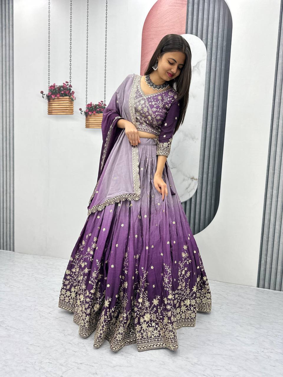 Teeya Creation Multi Color Chinon Silk Heavy Embroidery Work Fully Stitched Lehenga Choli