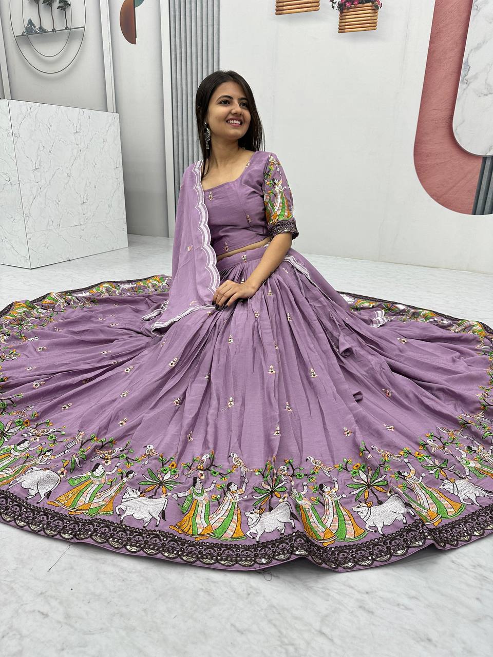 Teeya Creation Lavender Color Chinon Silk Heavy Embroidery Work Fully Stitched Lehenga Choli