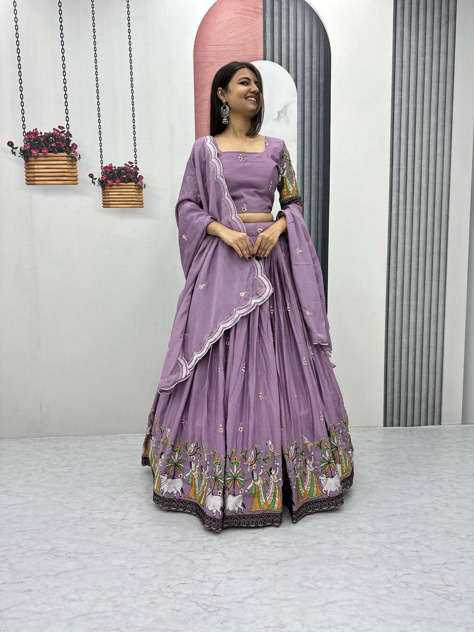 Teeya Creation Lavender Color Chinon Silk Heavy Embroidery Work Fully Stitched Lehenga Choli