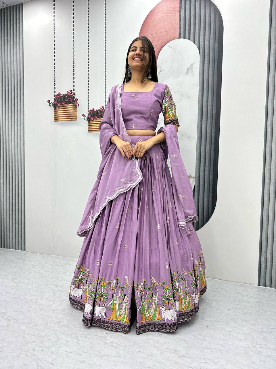 Teeya Creation Lavender Color Chinon Silk Heavy Embroidery Work Fully Stitched Lehenga Choli