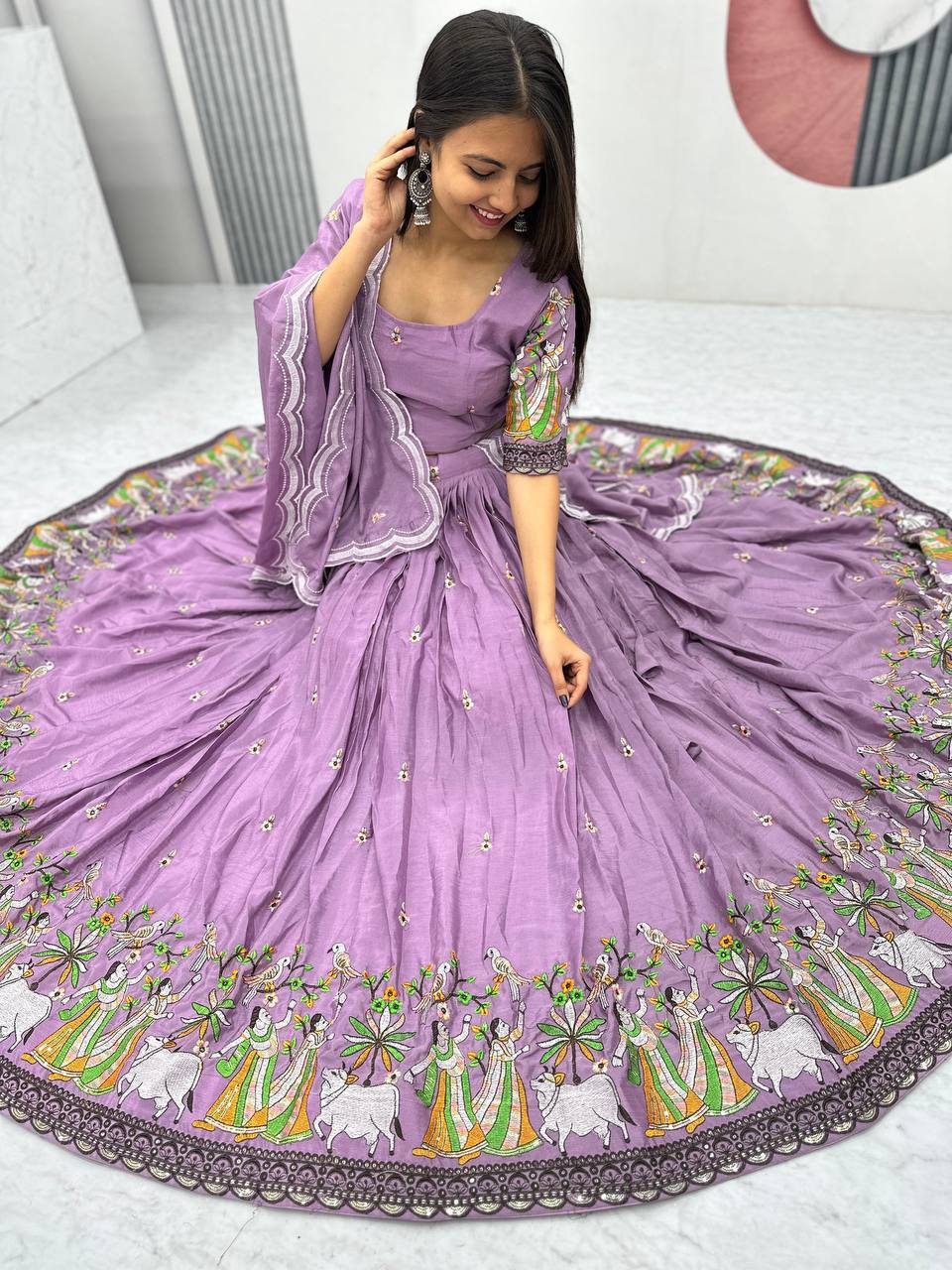 Teeya Creation Lavender Color Chinon Silk Heavy Embroidery Work Fully Stitched Lehenga Choli