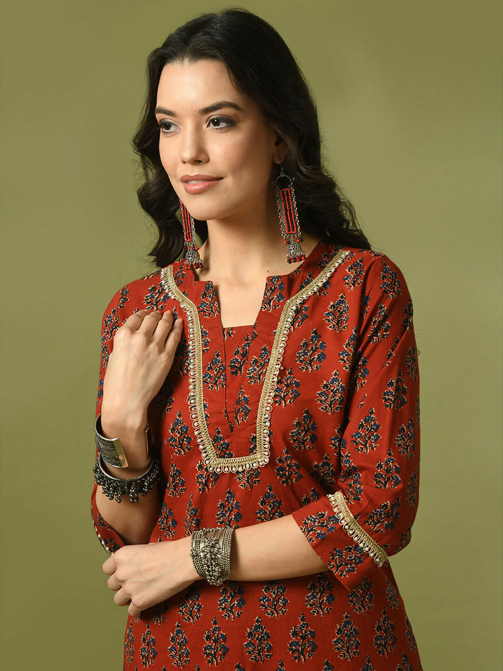 Myshka Women's Rust Printed Cotton Straight Party Kurta Set