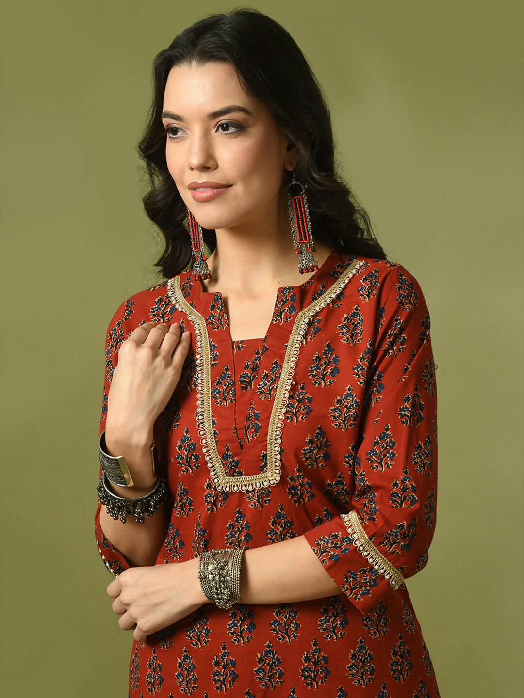 Myshka Women's Rust Printed Cotton Straight Party Kurta Set